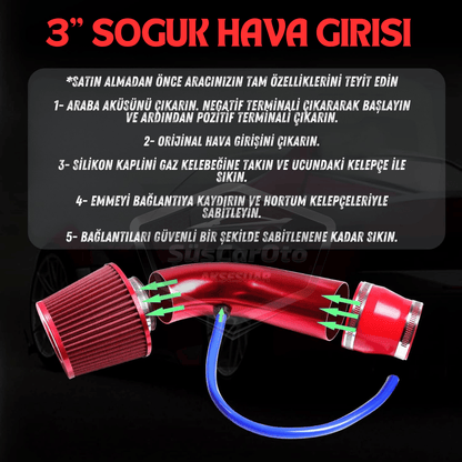 Universal Ses &amp; Performans Arttırıcı Açık Hava Filtre Kiti Set Alüminyum Alaşımlı Krom Bigtube +6 Hp 65-75 mm Kırmızı image 5