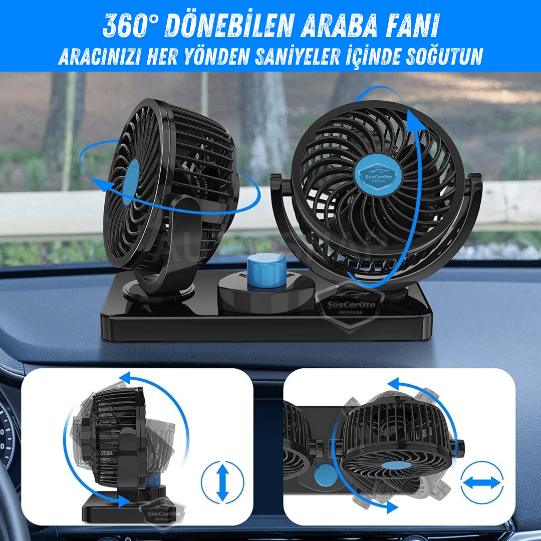Üniversal Oto Ofis Araç İçi Torpido Üstü Vantilatör Çift Başlıklı Çakmaklık Girişli 2 Kademeli Soğutucu Fan 360° Dönebilen Ultra Sessiz Araç Fanı 12V Mavi image 3