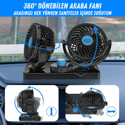 Üniversal Oto Ofis Araç İçi Torpido Üstü Vantilatör Çift Başlıklı Çakmaklık Girişli 2 Kademeli Soğutucu Fan 360° Dönebilen Ultra Sessiz Araç Fanı 12V Mavi image 3