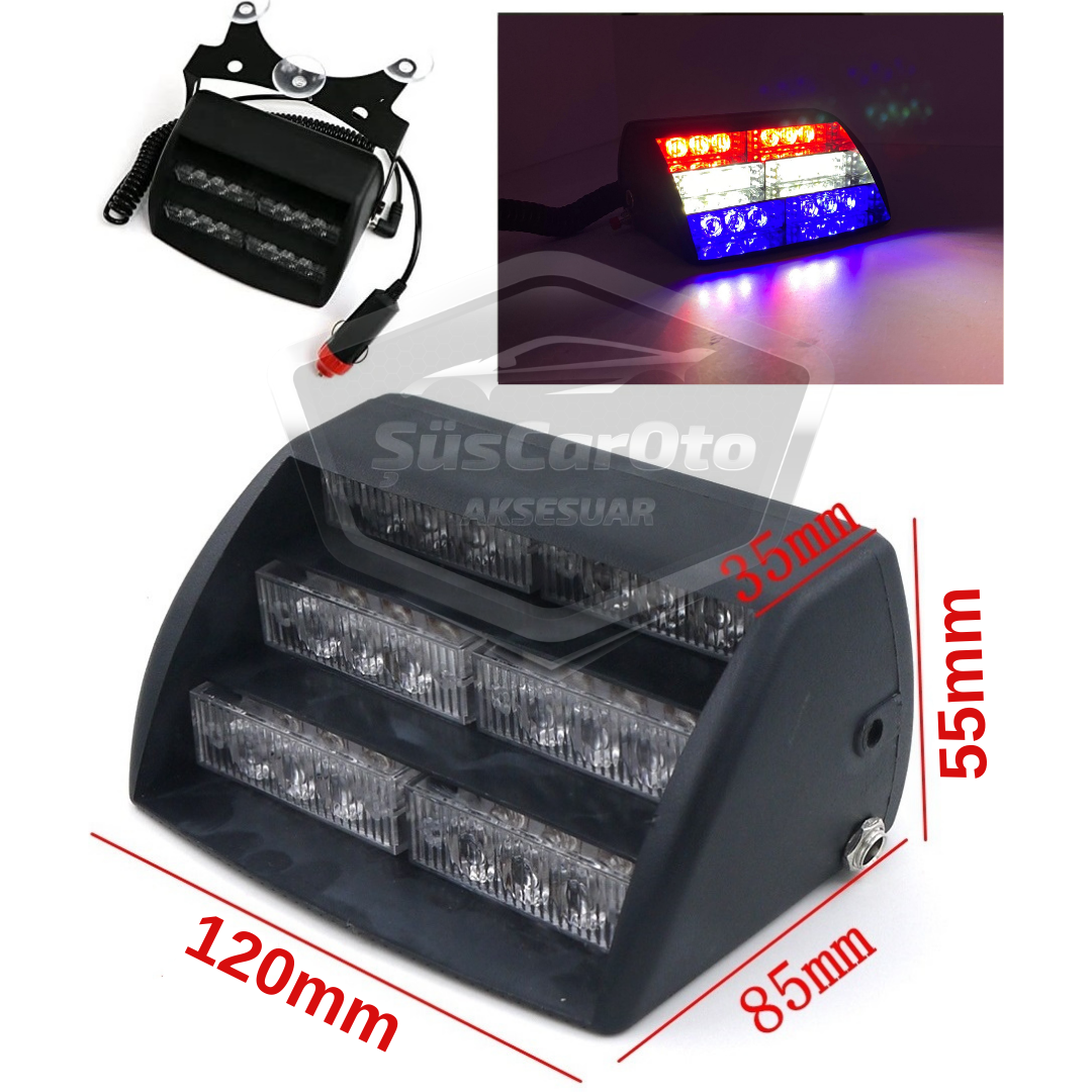 18 Led Mini Cam İçi Vantuzlu Polis Çakar Lamba İkaz Lambası 18 Ledli 4 Farklı Mod Mavi Beyaz Kırmızı 3 Renk Çakmaklık Girişli image 1