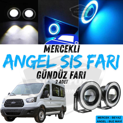 Ford Transit Tüm Modeller Uyumlu Üniversal Mercekli Angel Sis Farı Metal Su Geçirmez 76 mm Buz Mavi Halkalı Gündüz Farı Angel Eyes 2 Adet image 0