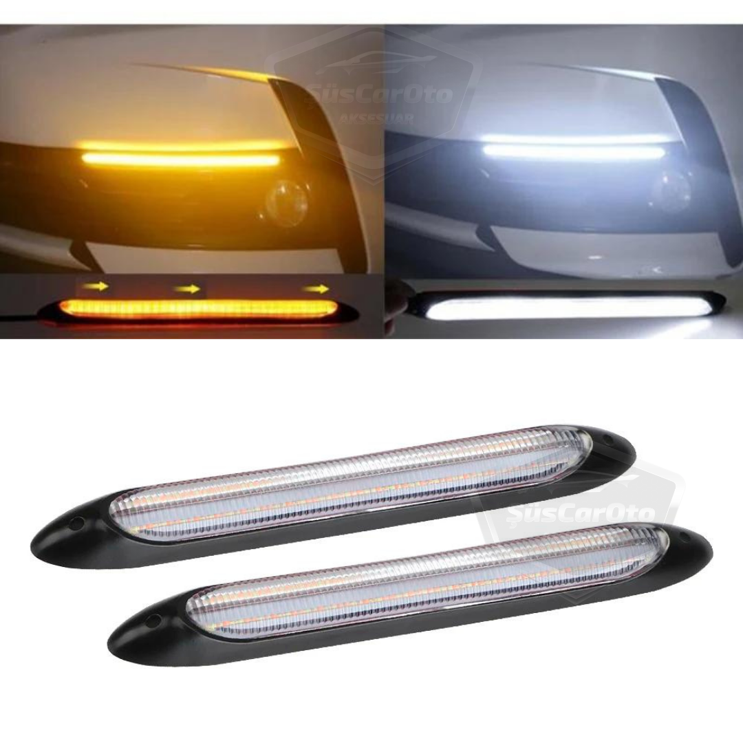 Selamlamalı Kayar Sinyalli Araba Gündüz Farı Esnek Gündüz Ledi DRL Led Lamba Güçlü Işık Açılış Animasyonlu 12V Su Geçirmez Sarı Beyaz 2 Adet 23.5 cm image 0