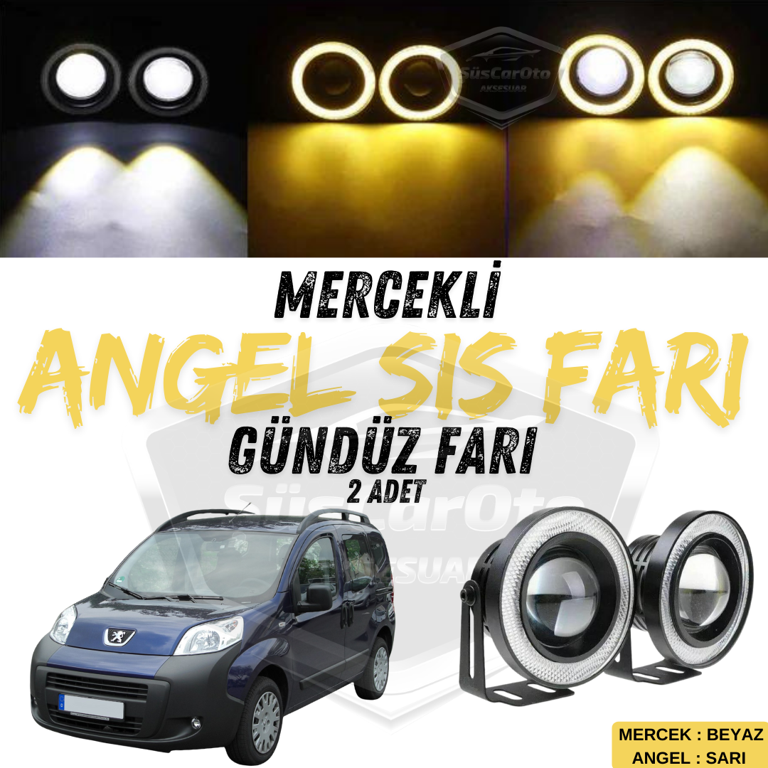 Peugeot Bipper 2008-2022 Uyumlu Üniversal Mercekli Angel Sis Farı Metal Su Geçirmez 76 mm Sarı Halkalı Gündüz Farı Angel Eyes 2 Adet image 0