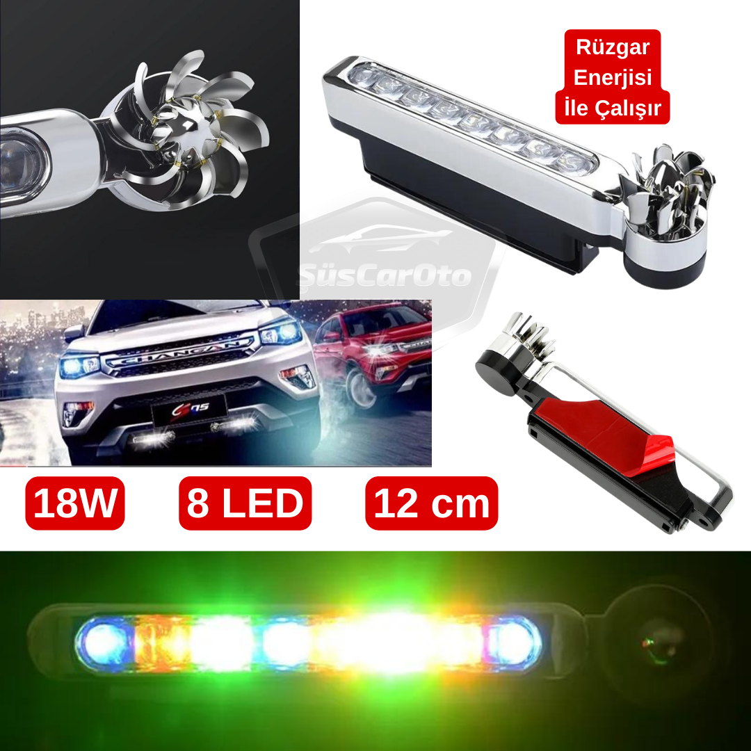Araç Oto Rüzgar Enerjili Kablosuz 8 Ledli Gündüz Farı Araba Fırfırlı Elektriksiz Gündüz Ledi Lamba Su Geçirmez Renkli RGB image 0