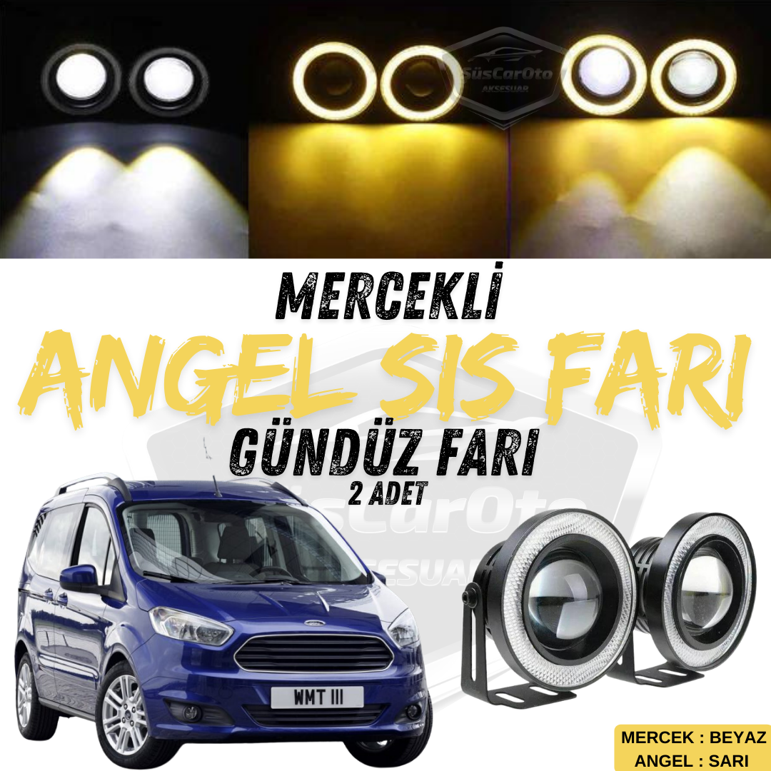 Ford Courier 2014-2023 Uyumlu Üniversal Mercekli Angel Sis Farı Metal Su Geçirmez 76 mm Sarı Halkalı Gündüz Farı Angel Eyes 2 Adet image 0