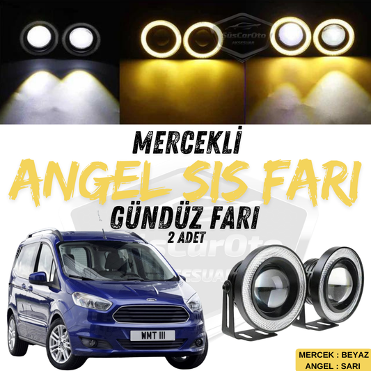 Ford Courier 2014-2023 Uyumlu Üniversal Mercekli Angel Sis Farı Metal Su Geçirmez 76 mm Sarı Halkalı Gündüz Farı Angel Eyes 2 Adet image 0
