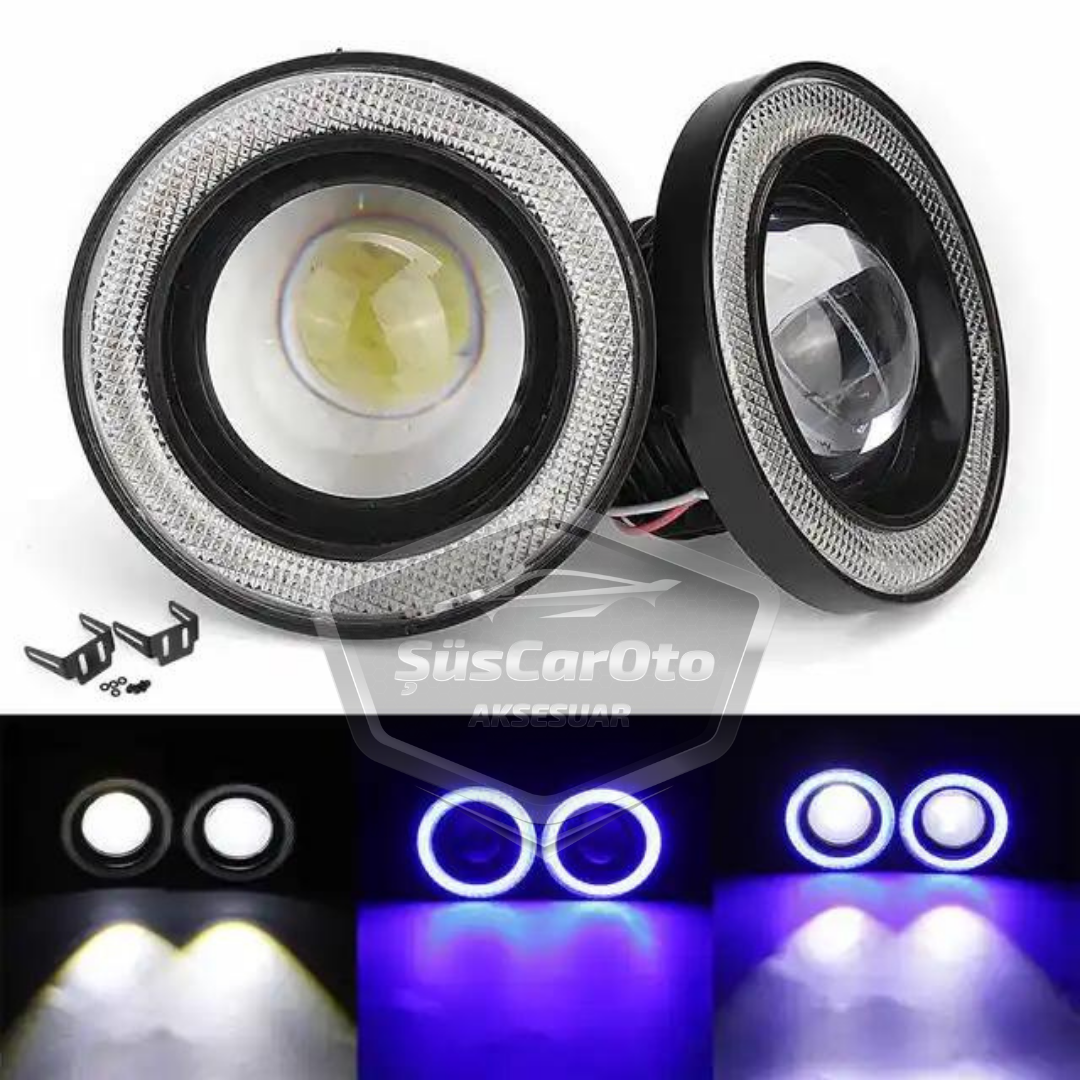 Fiat Doblo D4 2015-2021 Uyumlu Üniversal Mercekli Angel Sis Farı Metal Su Geçirmez 76 mm Mavi Halkalı Gündüz Farı Angel Eyes 2 Adet image 1