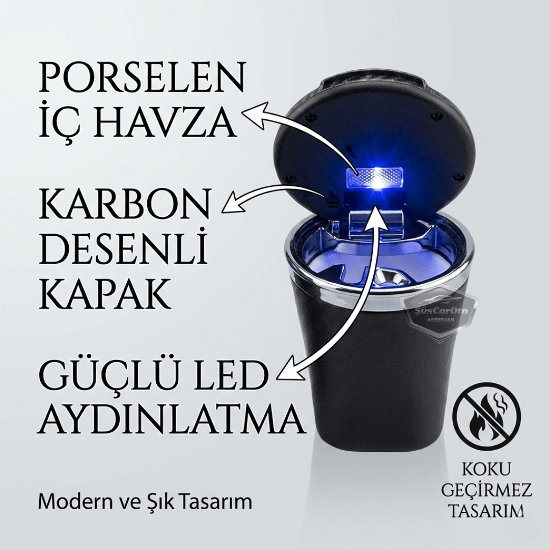 Üniversal Porselen Yanmaz Koku Geçirmez Mavi Işıklı Lüx Oto Küllük Dumansız Kapaklı Spor Araç İçi Küllük Araba Küllüğü Karbon Kapak image 8