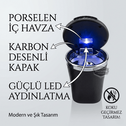 Üniversal Porselen Yanmaz Koku Geçirmez Mavi Işıklı Lüx Oto Küllük Dumansız Kapaklı Spor Araç İçi Küllük Araba Küllüğü Karbon Kapak image 8