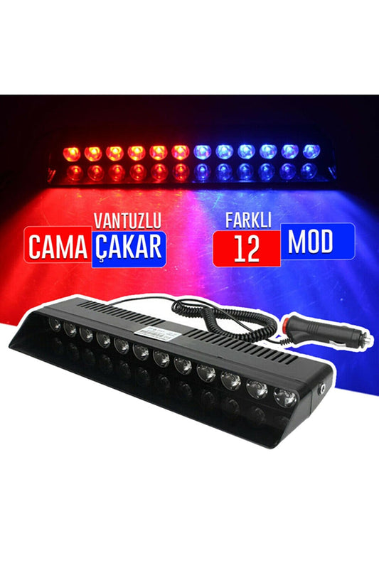 S12 Cam İçi Vantuzlu Polis Çakar 12 Ledli Kırmızı Mavi Çakmaklık Girişli image 0