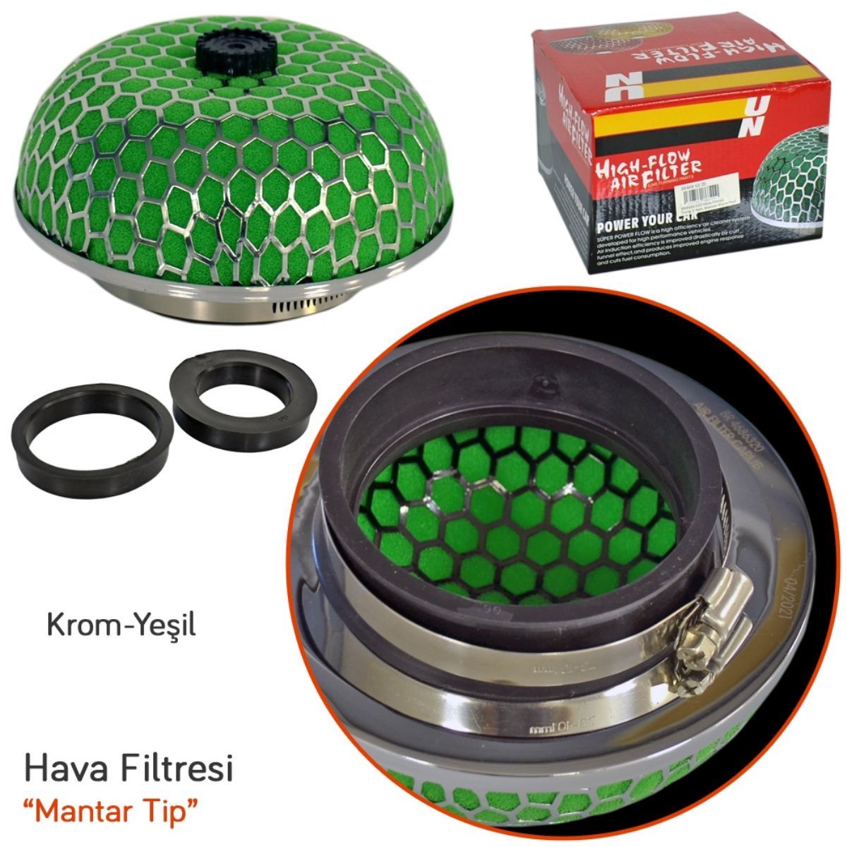Carub Ses &amp; Performans Arttırıcı Açık Hava Filtresi Mantar Tip Yeşil +6 Hp Aparatlı Üniversal image 1
