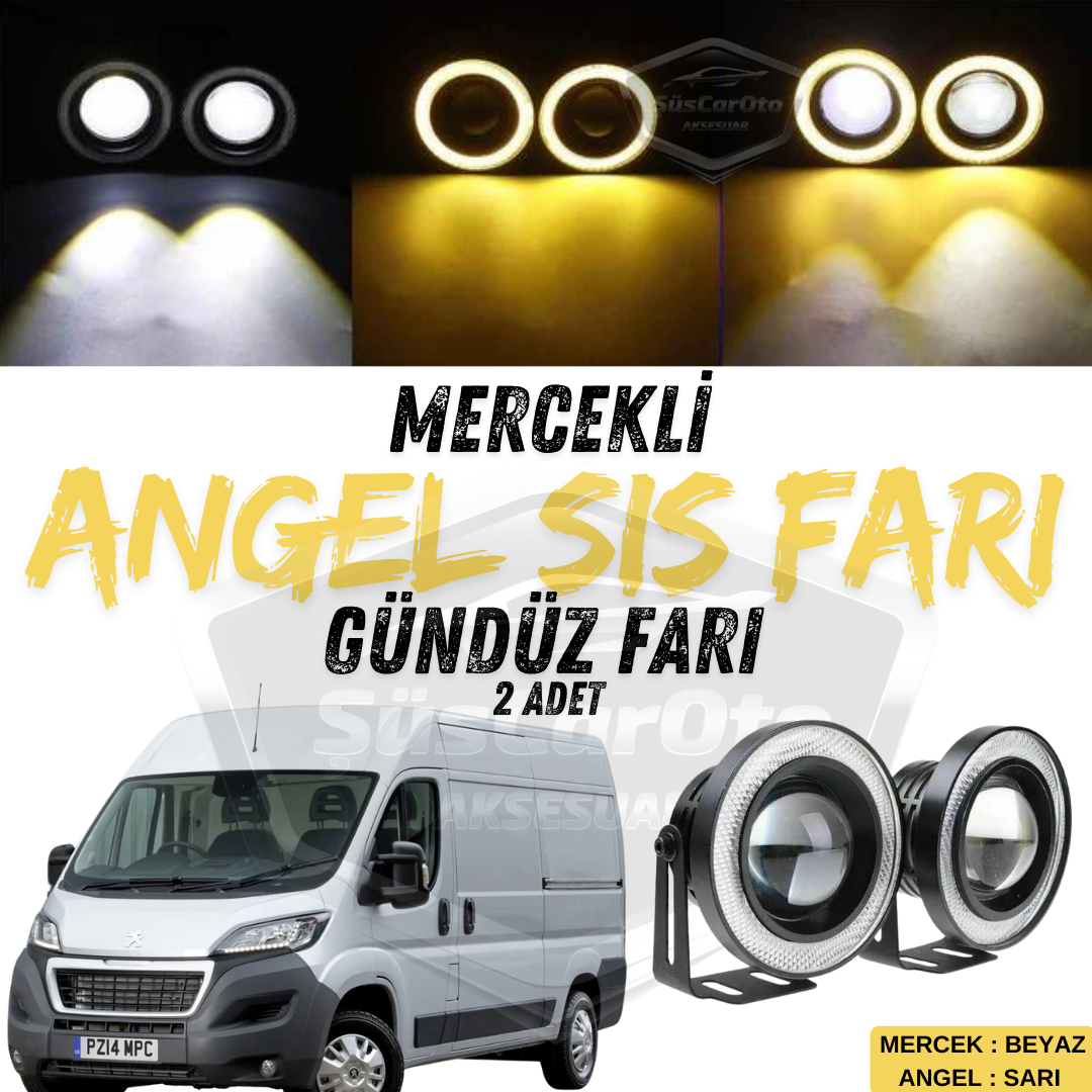 Peugeot Boxer Uyumlu Üniversal Mercekli Angel Sis Farı Metal Su Geçirmez 76 mm Sarı Halkalı Gündüz Farı Angel Eyes 2 Adet image 0