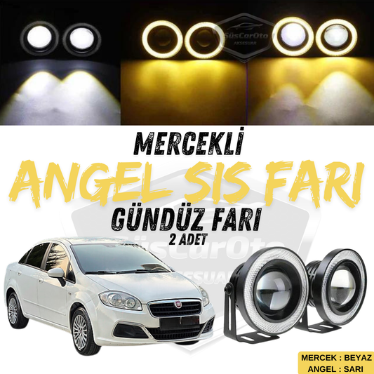 Fiat Linea 2007-2018 Uyumlu Üniversal Mercekli Angel Sis Farı Metal Su Geçirmez 76 mm Sarı Halkalı Gündüz Farı Angel Eyes 2 Adet image 0