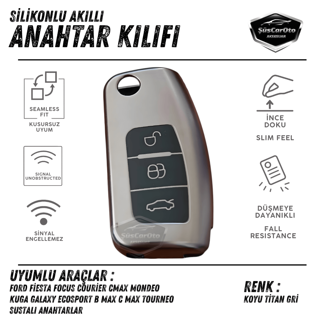 Ford Focus Fiesta Courier Cmax Mondeo Kuga Galaxy Ecosport B Max C Max Tourneo Sustalı Anahtar Uyumlu Silikon Anahtar Kılıfı Oto Anahtar Kabı Darbe Emici Anahtarlık Koyu Titan Gri image 0
