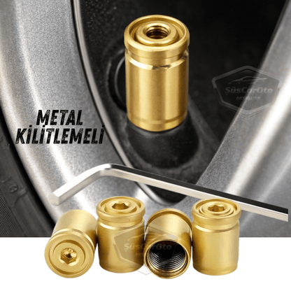 Kilitlemeli Sibop Kapağı Alyanlı Sibop Kapağı Araba Motosiklet Bisiklet Metal Sıkmalı Gold Altın 4 lü Set image 0