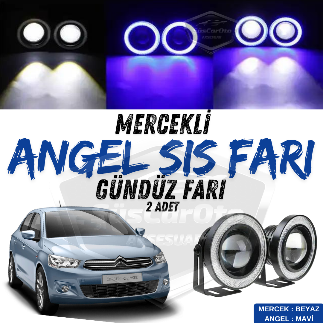 Citroen C Elysee 2012-2023 Uyumlu Üniversal Mercekli Angel Sis Farı Metal Su Geçirmez 76 mm Mavi Halkalı Gündüz Farı Angel Eyes 2 Adet image 0