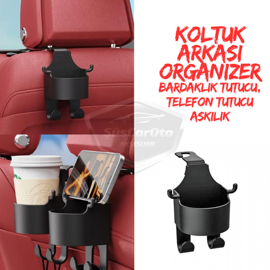 Oto Araç İçi Çok Fonksiyonlu Koltuk Arkası Organizer Bardaklık Telefon Tutucu Askılık Araba Eşya Düzenleyici 1 Adet image 0