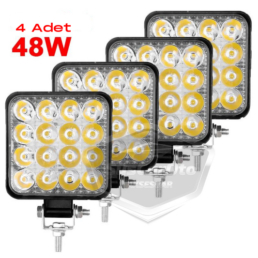 12V-24V Kare Çalışma Lambası 16 Led  Off Road Led Lamba Traktör Kamyon Tır Motosiklet Sis Farı Beyaz Projektör 48 Watt 11 cm 4 Adet image 0