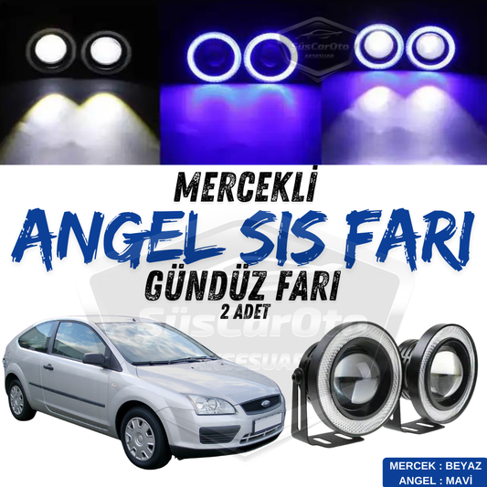 Ford Focus 2 2004-2008 Uyumlu Üniversal Mercekli Angel Sis Farı Metal Su Geçirmez 76 mm Mavi Halkalı Gündüz Farı Angel Eyes 2 Adet image 0