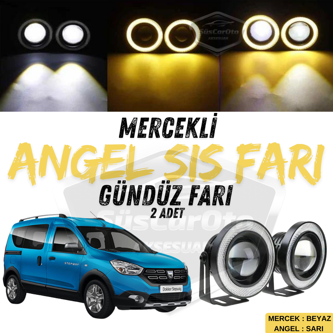 Dacia Dokker 2012-2022 Uyumlu Üniversal Mercekli Angel Sis Farı Metal Su Geçirmez 76 mm Sarı Halkalı Gündüz Farı Angel Eyes 2 Adet image 0