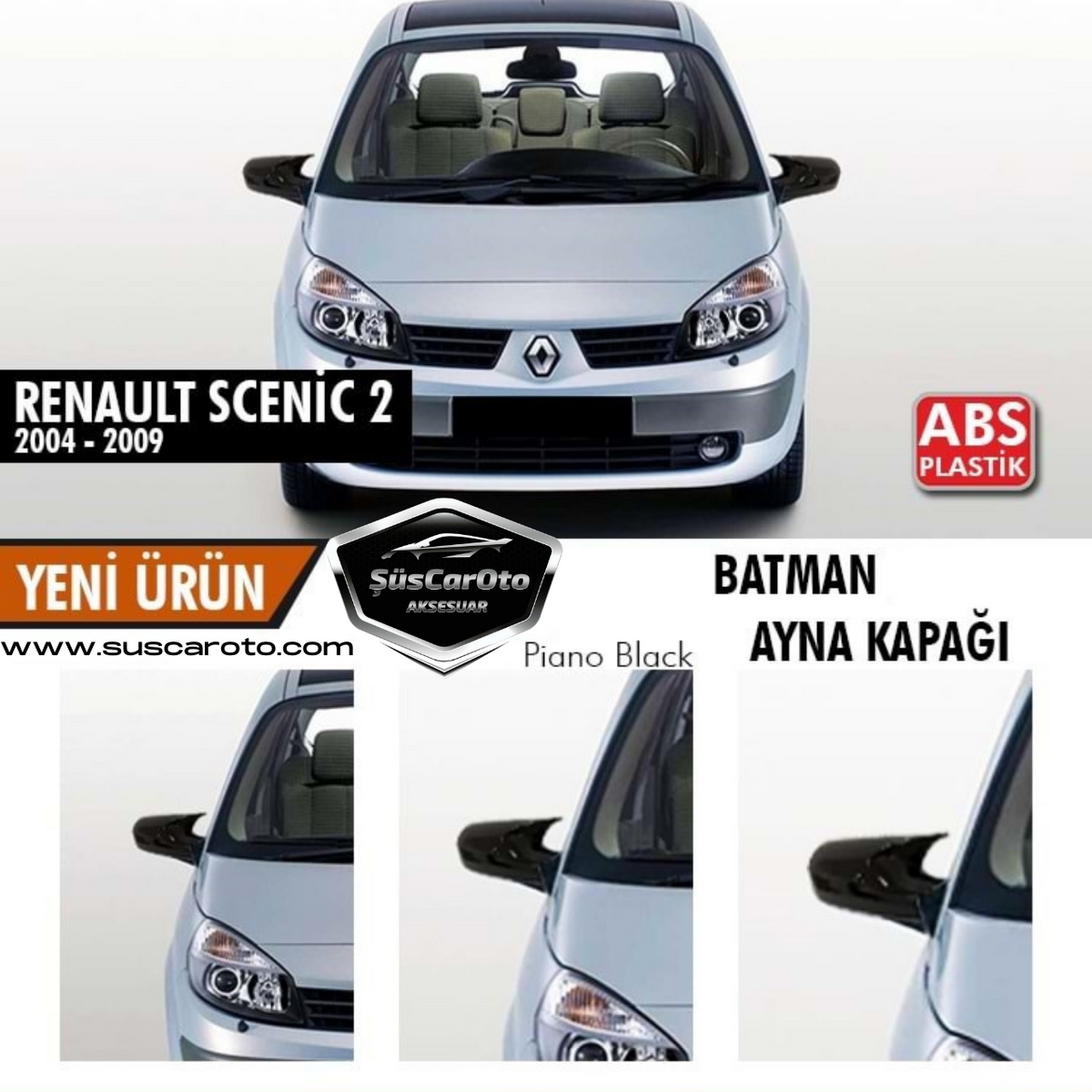 Renault Scenic 2 2004-2009 Batman Yarasa Ayna Kapağı Piano Black ABS Plastik image 0