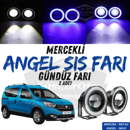 Dacia Dokker 2012-2022 Uyumlu Üniversal Mercekli Angel Sis Farı Metal Su Geçirmez 76 mm Mavi Halkalı Gündüz Farı Angel Eyes 2 Adet image 0