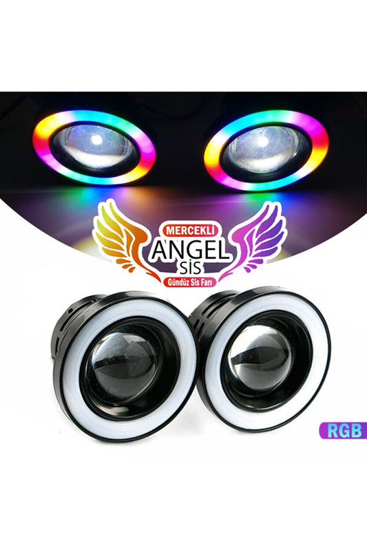 Üniversal Mercekli Angel Sis Farı Metal Su Geçirmez 76 mm RGB Halkalı Angel Eyes Kumandasız image 0