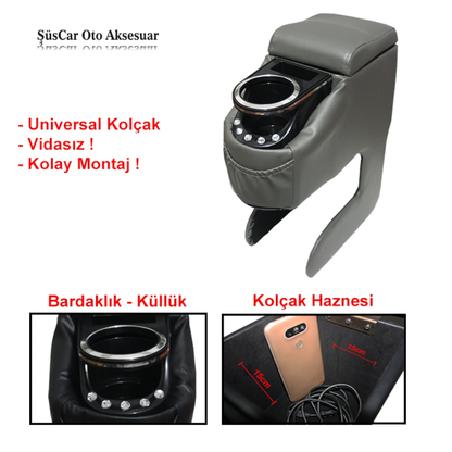 Üniversal Montajsız Bardaklı Taşlı Deri Kolçak Kol Dayama Gri Vidasız Her Araca Uygun image 0