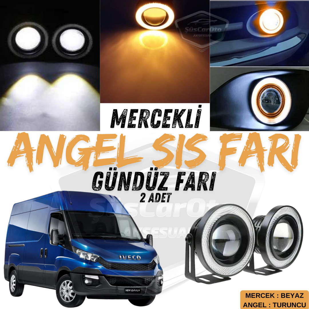 Iveco Daily Uyumlu Üniversal Mercekli Angel Sis Farı Metal Su Geçirmez 76 mm Turuncu Halkalı Gündüz Farı Angel Eyes 2 Adet image 0