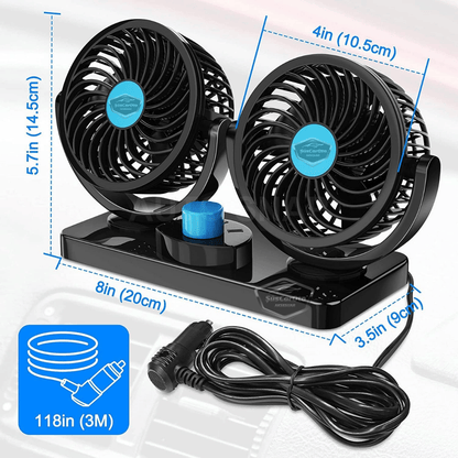 Üniversal Oto Ofis Araç İçi Torpido Üstü Vantilatör Çift Başlıklı Çakmaklık Girişli 2 Kademeli Soğutucu Fan 360° Dönebilen Ultra Sessiz Araç Fanı 12V Mavi image 4