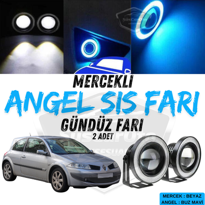 Renault Megane 2 2003-2008 Uyumlu Üniversal Mercekli Angel Sis Farı Metal Su Geçirmez 76 mm Buz Mavi Halkalı Gündüz Farı Angel Eyes 2 Adet image 0