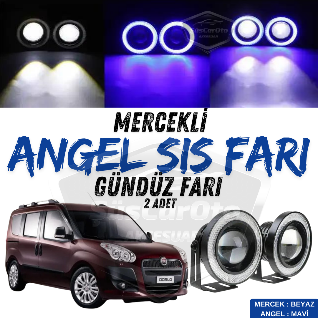Fiat Doblo D3 2010-2015 Uyumlu Üniversal Mercekli Angel Sis Farı Metal Su Geçirmez 76 mm Mavi Halkalı Gündüz Farı Angel Eyes 2 Adet image 0