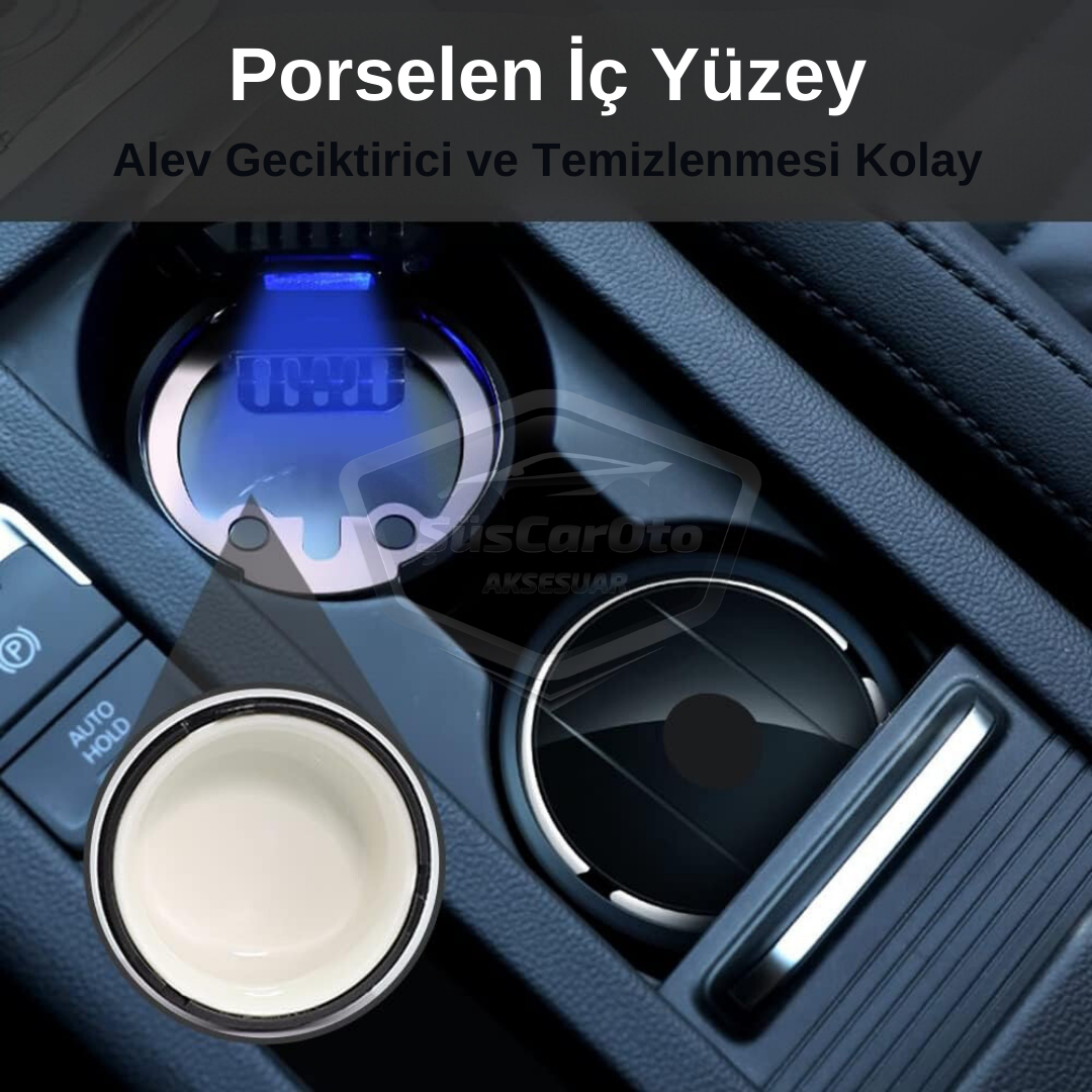 Üniversal Porselen Yanmaz Koku Geçirmez Işıklı Lüx Oto Küllük Dumansız Kapaklı Spor Araç İçi Küllük Araba Küllüğü Gümüş image 2