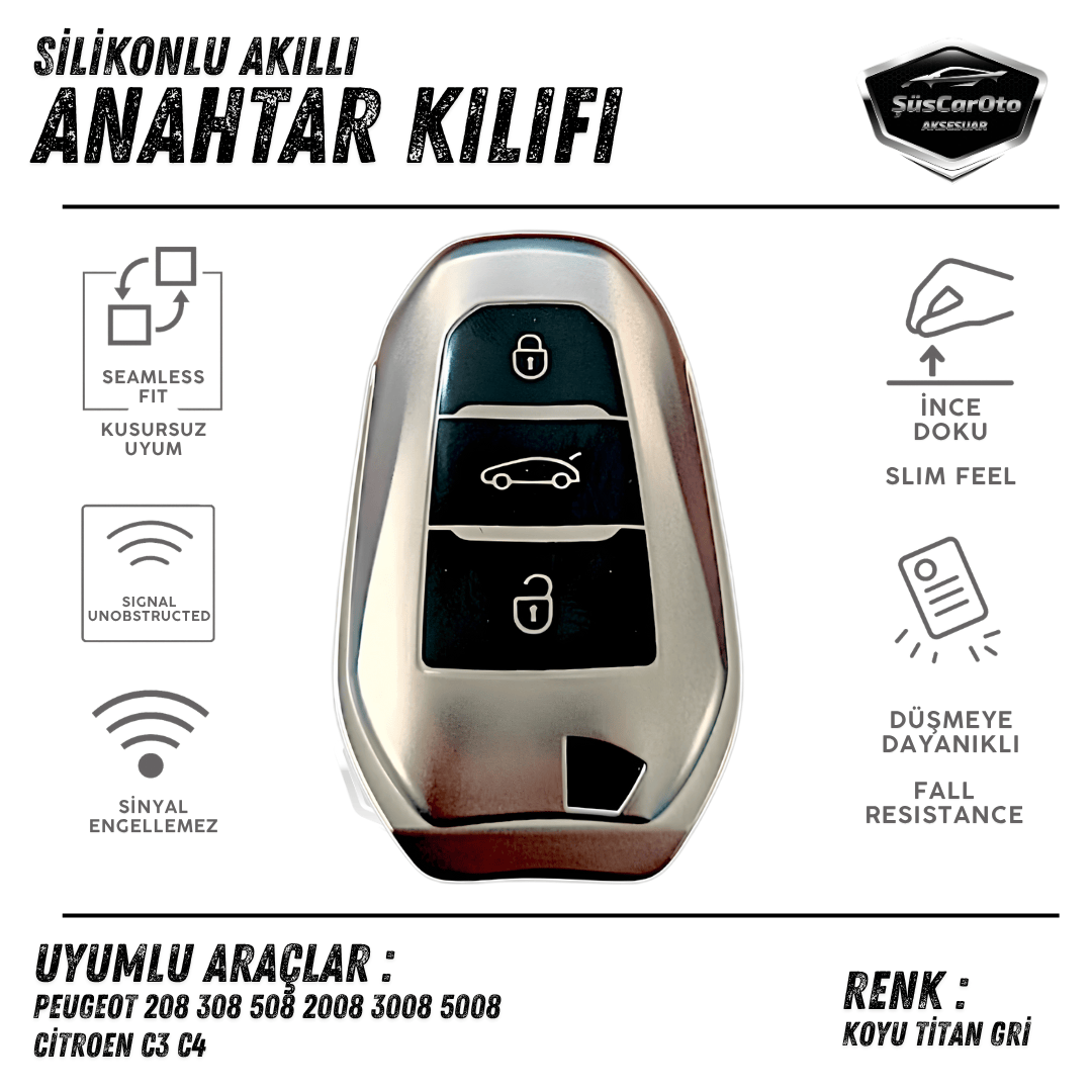 Peugeot 208 308 508 2008 3008 5008 Citroen C3 C4 Uyumlu Silikon Anahtar Kılıfı Oto Anahtar Kabı Darbe Emici Anahtarlık Koyu Titan Gri image 0