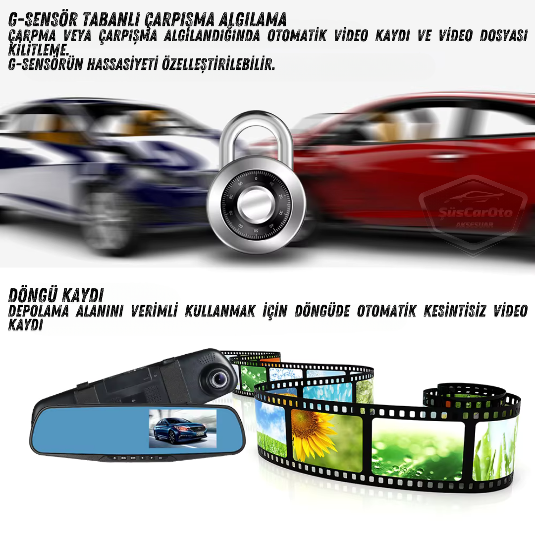 Ön ve Arka Kameralı Dikiz Aynası Geri Görüş Kameralı 4.3" 1080P Full HD Kayıt Çarpışma Algılayıcı Sensörlü Gece Görüşlü Park Sensörü Sesli Yol Kayıt image 2