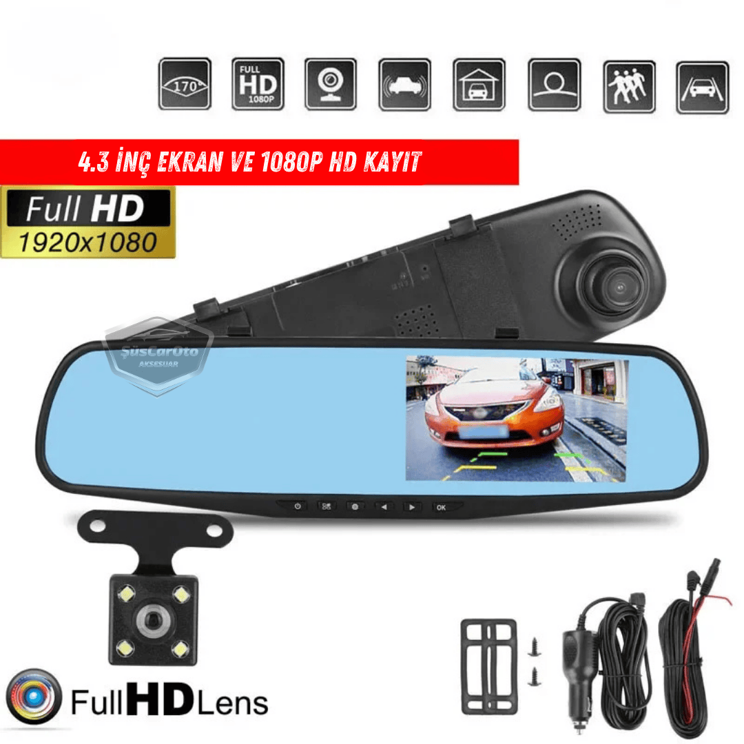 Ön ve Arka Kameralı Dikiz Aynası Geri Görüş Kameralı 4.3" 1080P Full HD Kayıt Çarpışma Algılayıcı Sensörlü Gece Görüşlü Park Sensörü Sesli Yol Kayıt image 1