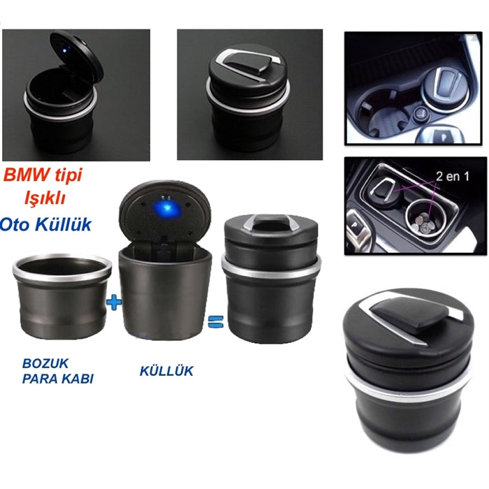 BMW Tip Bardaklıklı Mavi Led Işıklı Spor Oto Araç İçi Küllük image 5