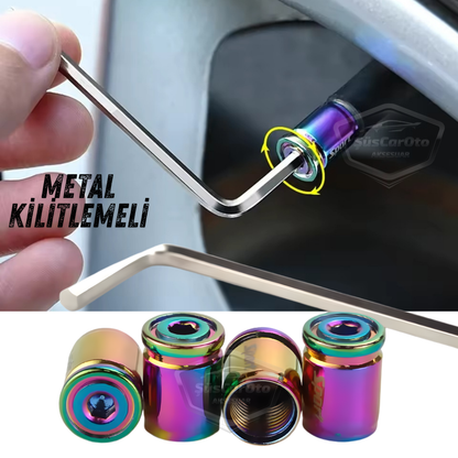 Kilitlemeli Sibop Kapağı Alyanlı Sibop Kapağı Araba Motosiklet Bisiklet Metal Sıkmalı Renkli Bukalemun 4 lü Set image 0