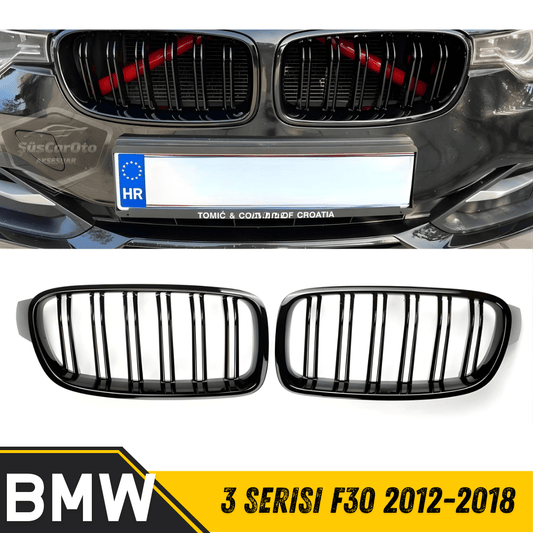 Bmw 3 Serisi F30 2012-2018 Uyumlu Ön Panjur Böbrek M3 Görünüm Izgara Çift Çizgi İthal Piano Black 1.Sınıf Sağ Sol Takım image 0