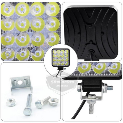 12V-24V Kare Çalışma Lambası 16 Led  Off Road Led Lamba Traktör Kamyon Tır Motosiklet Sis Farı Beyaz Projektör 48 Watt 11 cm 10 Adet image 3