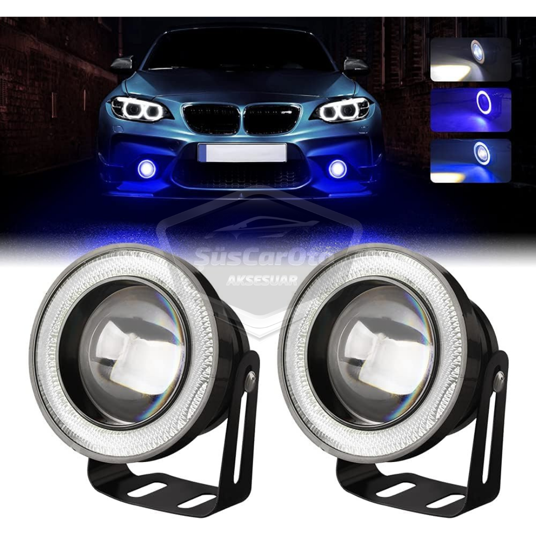 Opel Corsa C 2000-2006 Uyumlu Üniversal Mercekli Angel Sis Farı Metal Su Geçirmez 76 mm Mavi Halkalı Gündüz Farı Angel Eyes 2 Adet image 5