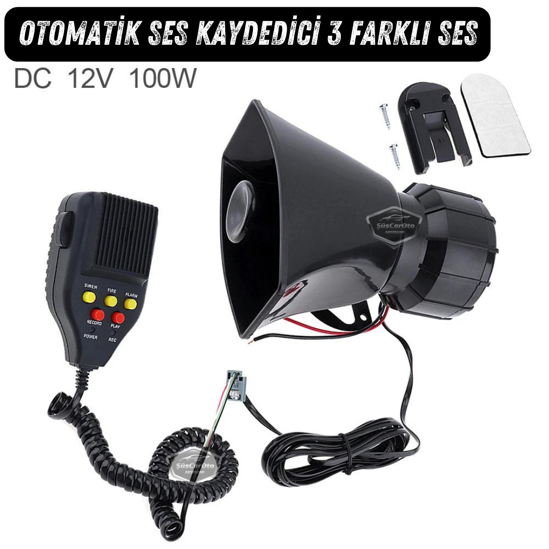 Her Araca Uyumlu Üniversal Ses Kaydetme ve Çalma Özellikli Siren 3 Farklı Siren Sesi Güçlü Polis Sireni Mikrofonlu Megafonlu Korna 12V 100W image 5
