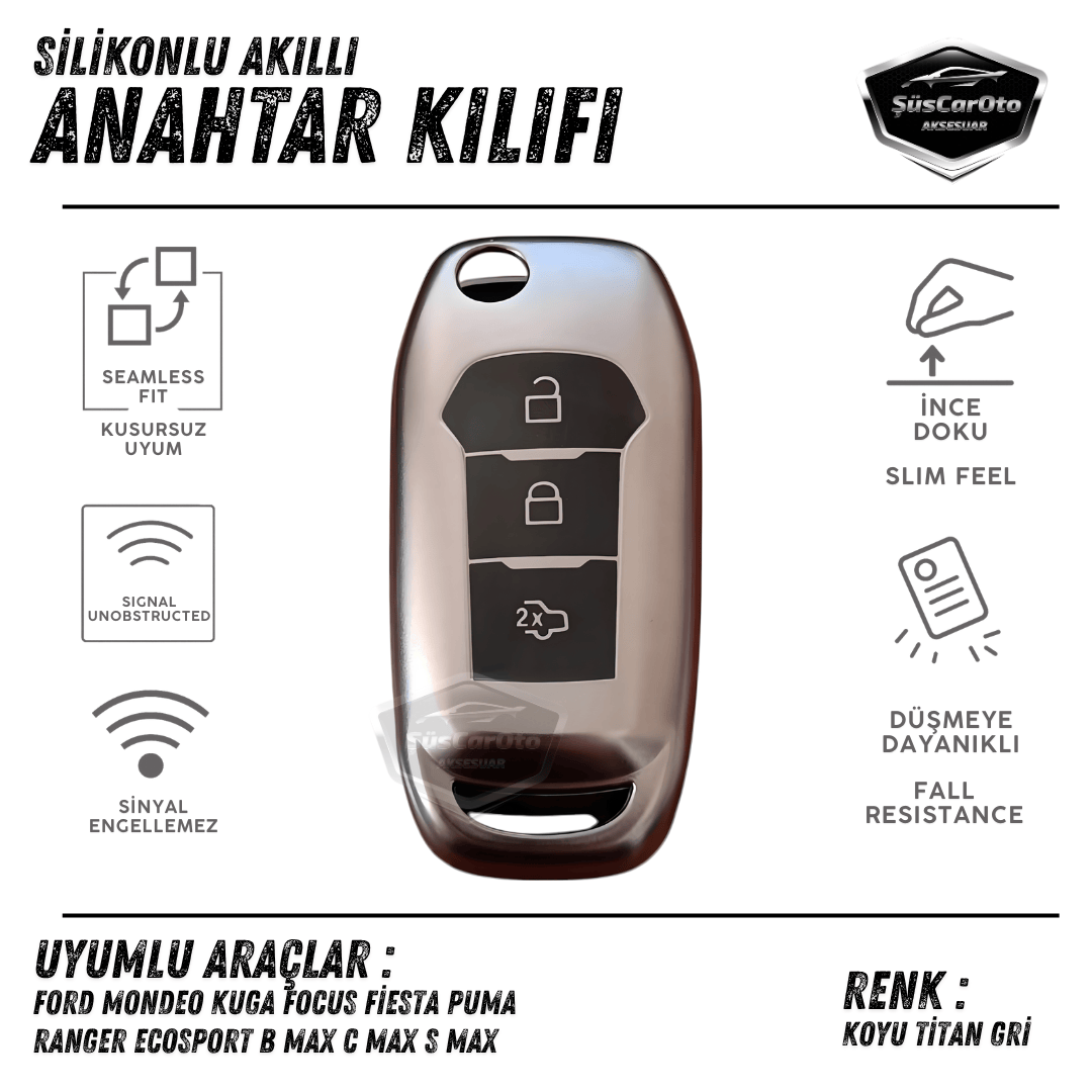 Ford Focus Fiesta Kuga Mondeo Puma Ranger Ecosport Bmax Cmax Smax Sustalı Anahtar Uyumlu Silikon Anahtar Kılıfı Oto Anahtar Kabı Darbe Emici Anahtarlık Koyu Titan Gri image 0