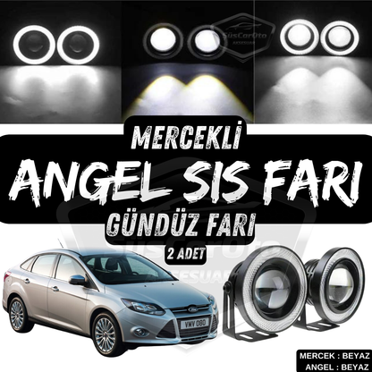 Ford Focus 3 2011-2014 Uyumlu Üniversal Mercekli Angel Sis Farı Metal Su Geçirmez 76 mm Beyaz Halkalı Gündüz Farı Angel Eyes 2 Adet image 0