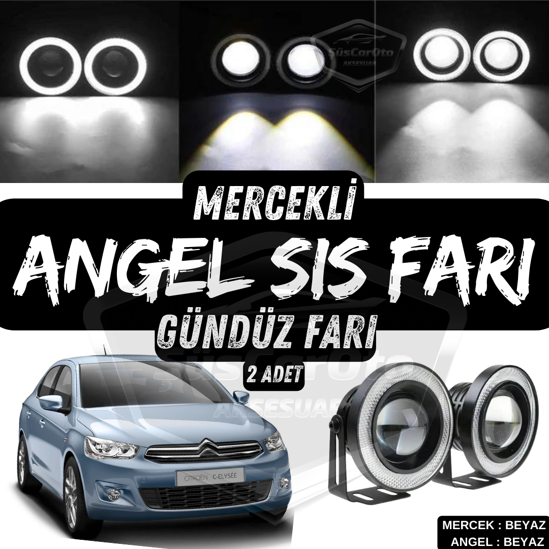 Citroen C Elysee 2012-2023 Uyumlu Üniversal Mercekli Angel Sis Farı Metal Su Geçirmez 76 mm Beyaz Halkalı Gündüz Farı Angel Eyes 2 Adet image 0