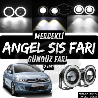 Citroen C Elysee 2012-2023 Uyumlu Üniversal Mercekli Angel Sis Farı Metal Su Geçirmez 76 mm Beyaz Halkalı Gündüz Farı Angel Eyes 2 Adet image 0