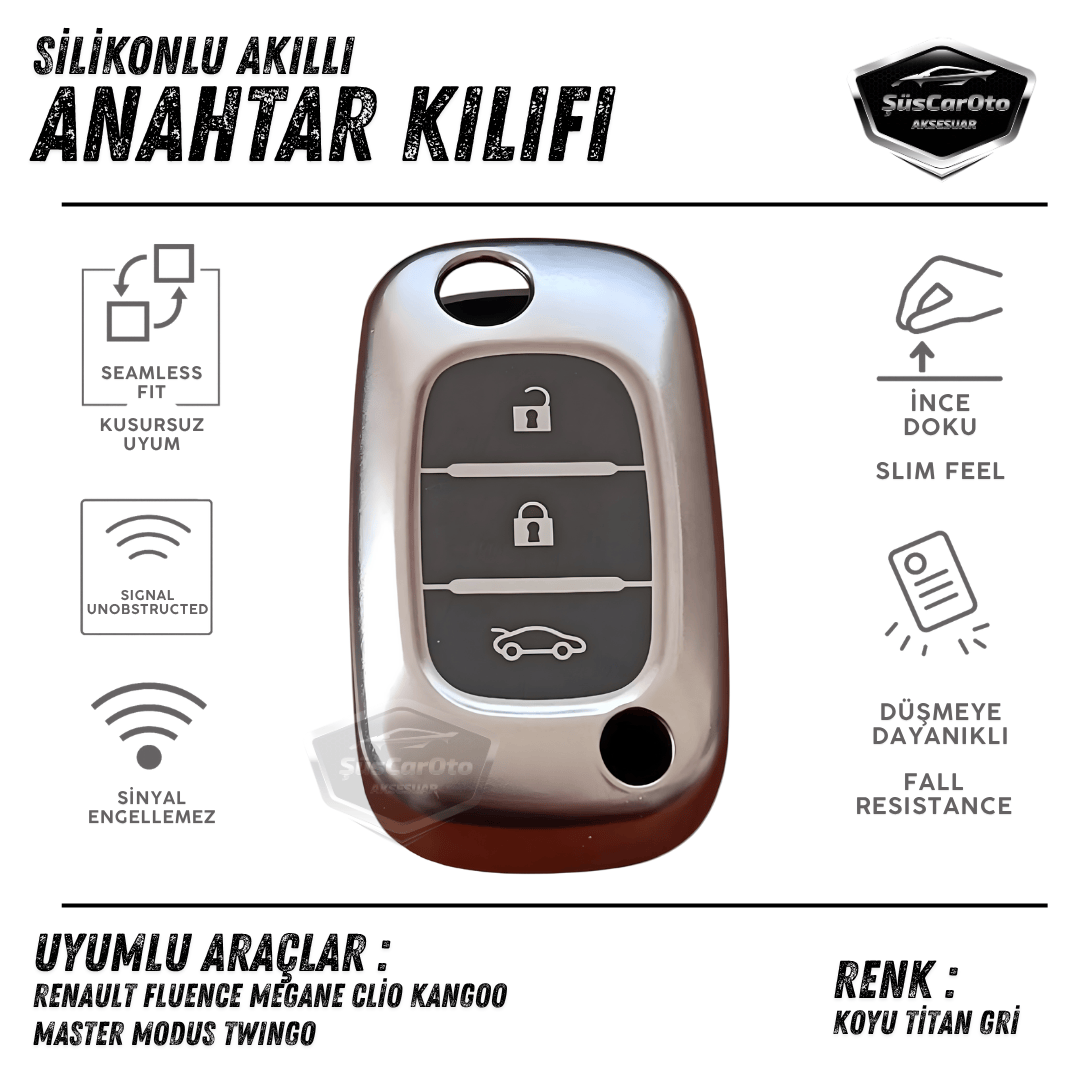 Renault Fluence Megane Clio Kangoo Master Modus Twingo Sustalı Anahtar Uyumlu Silikon Anahtar Kılıfı Oto Anahtar Kabı Darbe Emici Anahtarlık Koyu Titan Gri image 0