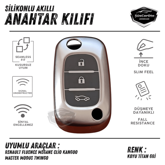 Renault Fluence Megane Clio Kangoo Master Modus Twingo Sustalı Anahtar Uyumlu Silikon Anahtar Kılıfı Oto Anahtar Kabı Darbe Emici Anahtarlık Koyu Titan Gri image 0