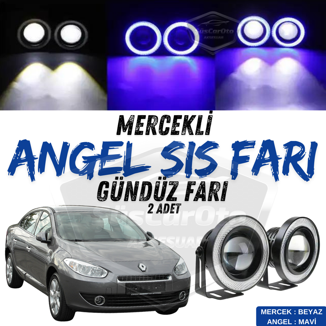 Renault Fluence 2009-2016 Uyumlu Üniversal Mercekli Angel Sis Farı Metal Su Geçirmez 76 mm Mavi Halkalı Gündüz Farı Angel Eyes 2 Adet image 0
