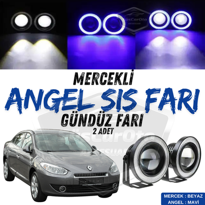Renault Fluence 2009-2016 Uyumlu Üniversal Mercekli Angel Sis Farı Metal Su Geçirmez 76 mm Mavi Halkalı Gündüz Farı Angel Eyes 2 Adet image 0